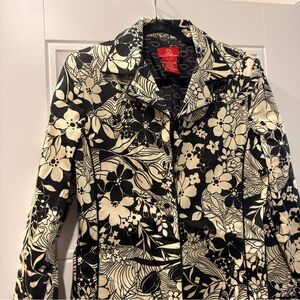 Oscar de la Renta Black and Cream Patterned Trench Coat